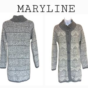 Maryline Made In Italy Long Line Gray Fair Isle Pattern Wool Blend Cardigan SM